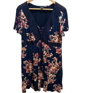 Torrid Navy Floral Lace Trim V-Neck Babydoll Dress | Size 0